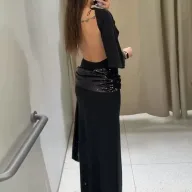 Elegant Black Formal Long Dress with High Waist Long Sleeves Solid Pattern for Special Occasions