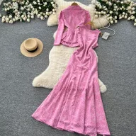 French Style V Neck Lace Top and Dress Set Slim Fit Elegant Design Autumn Wear Wholesale Available