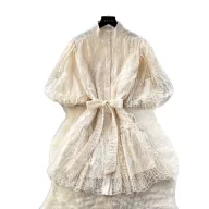 French Court Style Lantern Sleeve Lace Dress for Women V Neck Waist Tie A Line Silhouette Elegant Summer Occasion