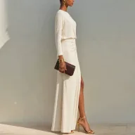 Elegant Solid Color Long Sleeve High Waist Dress for Evening Wear in Polyester