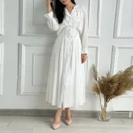 Elegant High Waist Long Sleeve V Neck Solid Polyester Dress for Women