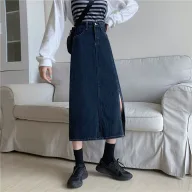 High Waist Denim Skirt for Women Vintage Mid Length Slim Fit with Side Slit Casual Summer Wear