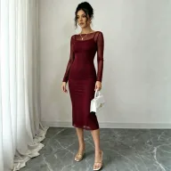 Two Piece Dress Set Off Shoulder Long Sleeve Sheer Overlay Bodycon Midi Skirt Casual or Party Wear Wholesale