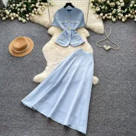 Pink Short Sleeve Top and High Waist Skirt Two Piece Set for Women Summer Casual Outfit Wholesale custom packaging
