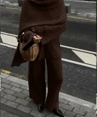 Womens Autumn Winter Solid Color Crew Neck Cable Knit Sweater Set with Wide Leg Pants and Scarf Wholesale