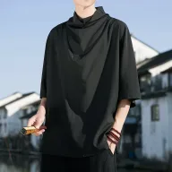 Mens Loose Fit Black T Shirt Short Sleeve High Neck Design Summer Casual Wear