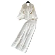 Elegant Two Piece Set V Neck Lace Top with Beading High Waisted Skirt Sophisticated Style for Formal Occasions