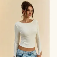Womens Long Sleeve Knit Top Slim Fit Round Neck Soft Apricot Fabric Casual Wear
