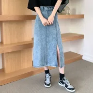 High Waist Split Denim Skirt for Women Slim Fit Mid Length Bodycon Design Spring Summer Fashion