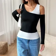 Asymmetrical Black Tank Top with Long Sleeves and Unique Design for Spring and Autumn Wholesale low MOQ