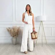 Womens Summer French Style Embroidered Hollow V Neck Tank Top and Wide Leg Pants Set in Multiple Colors Wholesale