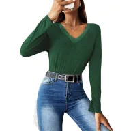Loose Fit Womens T Shirt V Neck Long Sleeve Lace Panel Design Casual Wear
