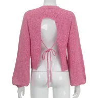Knit Sweater Round Neck Long Sleeve Sexy Backless Tie Design Short Style Casual Wear for Autumn and Winter