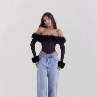 Winter Womens Fashion Sexy Off Shoulder Long Sleeve Top Sheer Mesh Irregular Hem Cozy Fabric Wholesale Available