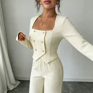 Womens Two Piece Set Square Neckline Double Breasted Top and Wide Leg Pants Casual Office Wear