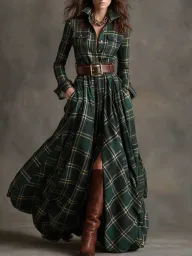 Office Lady Long Sleeve Polyester Dress with Mid Waist in Vintage for Women