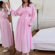 Elegant High Waist Long Sleeve V Neck Solid Polyester Dress for Women