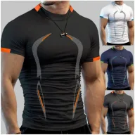 Mens Slim Fit Breathable Sporty Short Sleeve T Shirt in Solid Color Polyester for Summer Training
