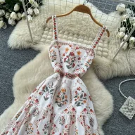 French Country Style Floral Print Maxi Dress High Waist A Line Silhouette Sleeveless Summer Vacation Wear Wholesale