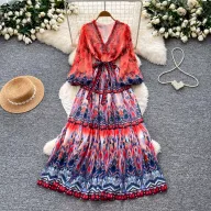 Bohemian Floral Maxi Dress for Women V Neck Long Sleeve Waist Tie A Line Silhouette Elegant Vacation Style