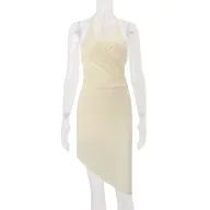 Womens Summer Casual Set Halter Neck Hollow Out Top and Asymmetrical Skirt Apricot