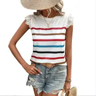 Lace Trim Ruffle Sleeve Striped T Shirt Summer Casual Style Lightweight Fabric Wholesale Available