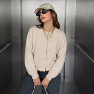 Womens Cardigan Sweater Korean Style Solid Color with Chinese Knot Lightweight for Casual Wear