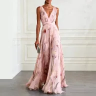 Floral Maxi Dress Casual Loose Fit Waist Defined V Neck Sleeveless Summer Vacation Wear Wholesale Available