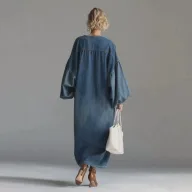 Long Sleeve V Neck Polyester Office Lady Dress for Women in Blue Available in Sizes S to XXL
