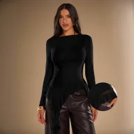Womens Long Sleeve Top High End Feel Asymmetrical Ruffle Design Off Shoulder Slim Fit Perfect for Casual or Formal