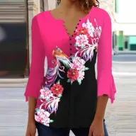 V Neck Loose Fit Ruffle Sleeve Printed T Shirt for Women in Red Casual Summer Style