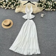 White Summer Vacation Set for Women Lace Trim Halter Neck Top and Chiffon Skirt Casual Beachwear