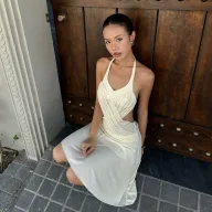 Womens Summer Casual Set Halter Neck Hollow Out Top and Asymmetrical Skirt Apricot