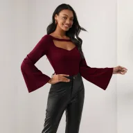 Bell Sleeve T Shirt for Women Hollow Design Slim Fit Long Sleeve Top Casual Office Wear