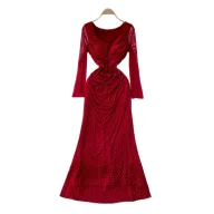 High Waist Long Sleeve Sweet Solid Polyester Dress for Women Autumn Commuter A Line Style