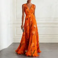 Floral Maxi Dress Casual Loose Fit Waist Defined V Neck Sleeveless Summer Vacation Wear Wholesale Available