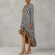 Elegant Long Sleeve V Neck Dress Ruffle Hem for Holiday Wear in Polyester