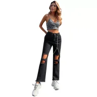 Womens Ripped Denim Pants Casual Style Chain Detail Black Available in XS to L Wholesale Supply custom packaging