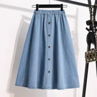 Blue Denim Skirt for Women Elastic Waist Button Design Casual Street Style Available in Multiple Sizes and Wholesale
