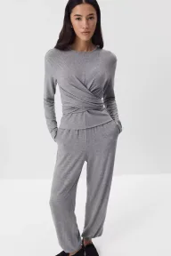 Womens Casual Two Piece Set Soft Modal Fabric Drawstring Waist Top and Jogger Pants Available in Red and Gray