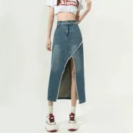 High Waist A Line Denim Skirt Vintage Style Frayed Hem Irregular Split Design Spring Fashion