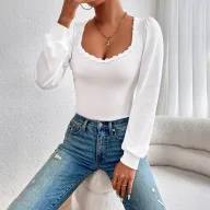Womens V Neck Long Sleeve T Shirt with Puff Sleeves and Lace Trim in White for Spring Summer Casual Wear Wholesale
