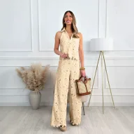 Womens Summer French Style Embroidered Hollow V Neck Tank Top and Wide Leg Pants Set in Multiple Colors Wholesale