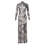 Sheer Floral Print High Neck Bodycon Dress for Women Khaki Spring Summer Fashion