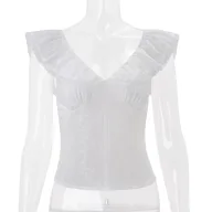 V Neck Ruffle Short Sleeve T Shirt for Women Slim Fit Casual Summer Style Available in White Wholesale