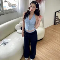 Womens Vintage Plaid Halter Top and Loose Pants Set Casual Summer Outfit Available in Blue and B