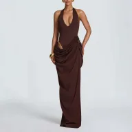 Elegant Sleeveless V Neck Solid High Waist Polyester Dress