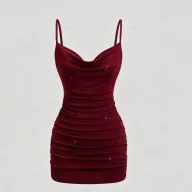 Womens Spring Summer Cross Back Dress Pleated Neckline Chain Detail Elegant Design Perfect for Parties and Events