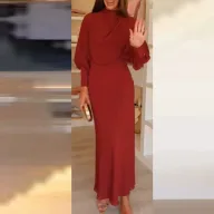 High Waist Long Sleeve Stand Collar Elegant Solid Red Chiffon Dress for Women