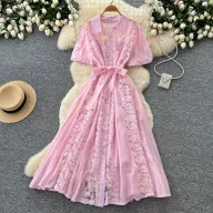 Pink Lace Embroidered A Line Dress High Waist Slim Fit Elegant Style Summer Occasion Wholesale Available